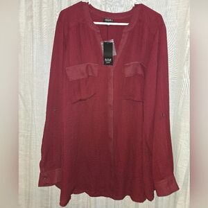 ANA Burgundy Red Long Sleeve Blouse Burton Down With Pocket 3x
